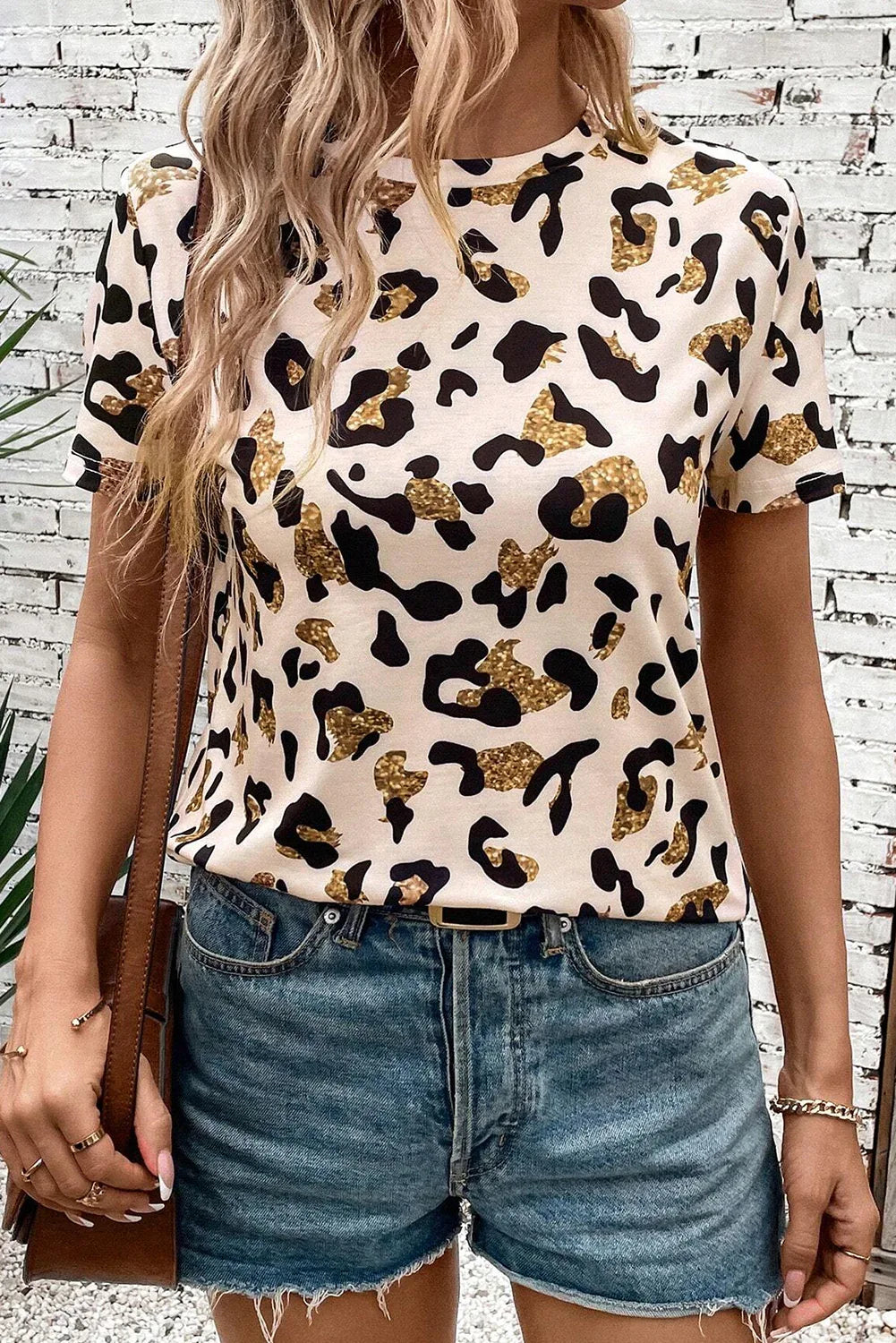 Apricot Leopard Print Round Neck Casual T Shirt - Windgat