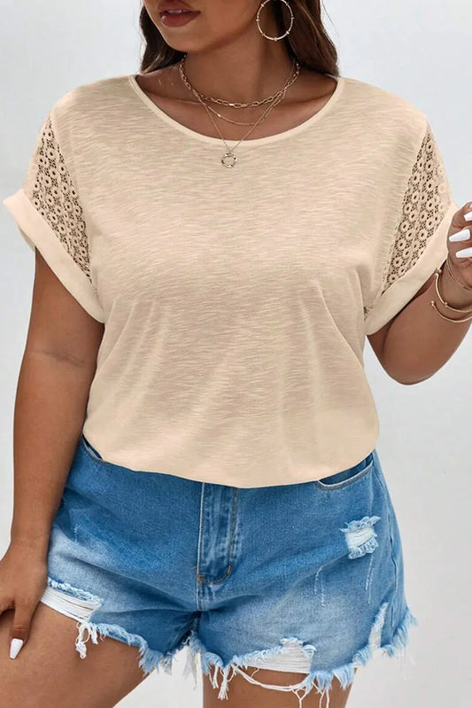 Parchment Lace Patchwork Short Sleeve Round Neck Plus Size Summer Top - Windgat