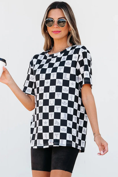 Black Western Fashion Checkerboard Print Side Split T Shirt - Windgat
