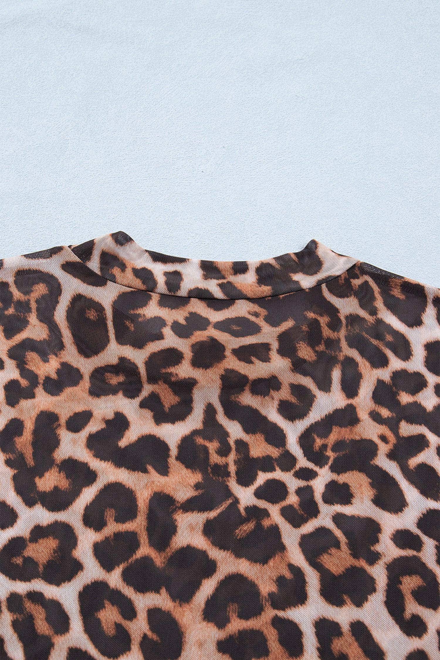 Brown Plus Size Mock Neck Leopard Mesh Top - Windgat