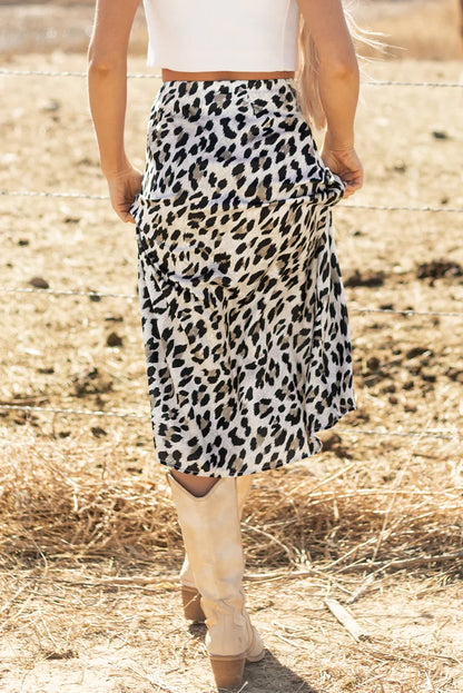Brown Leopard Print High Waist Midi Skirt - Windgat