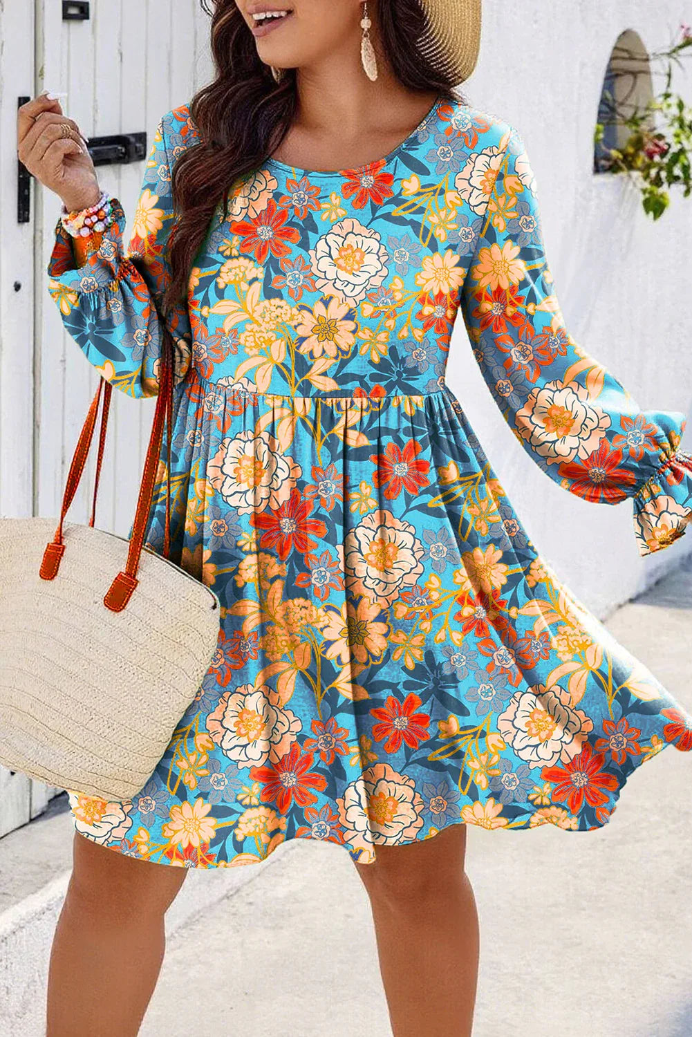 Blue Plus Size Floral Ruffled Long Sleeve Flowy Mini Dress - Windgat