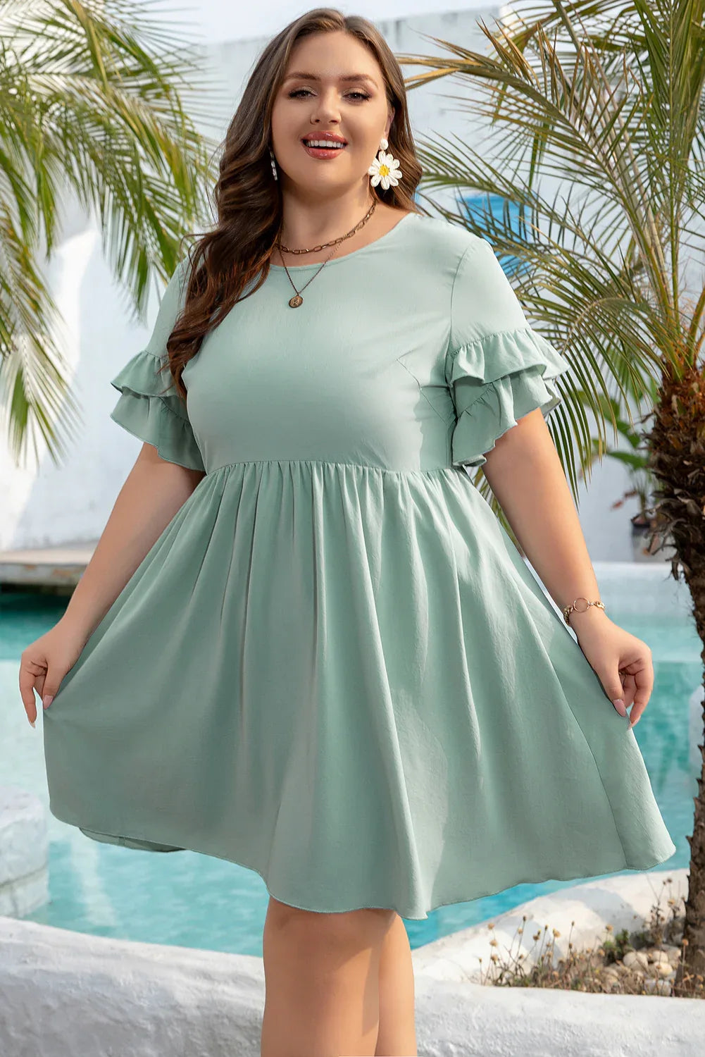 Grass Green Ruffle Trim Short Sleeve Plus Size Flared Mini Dress - Windgat