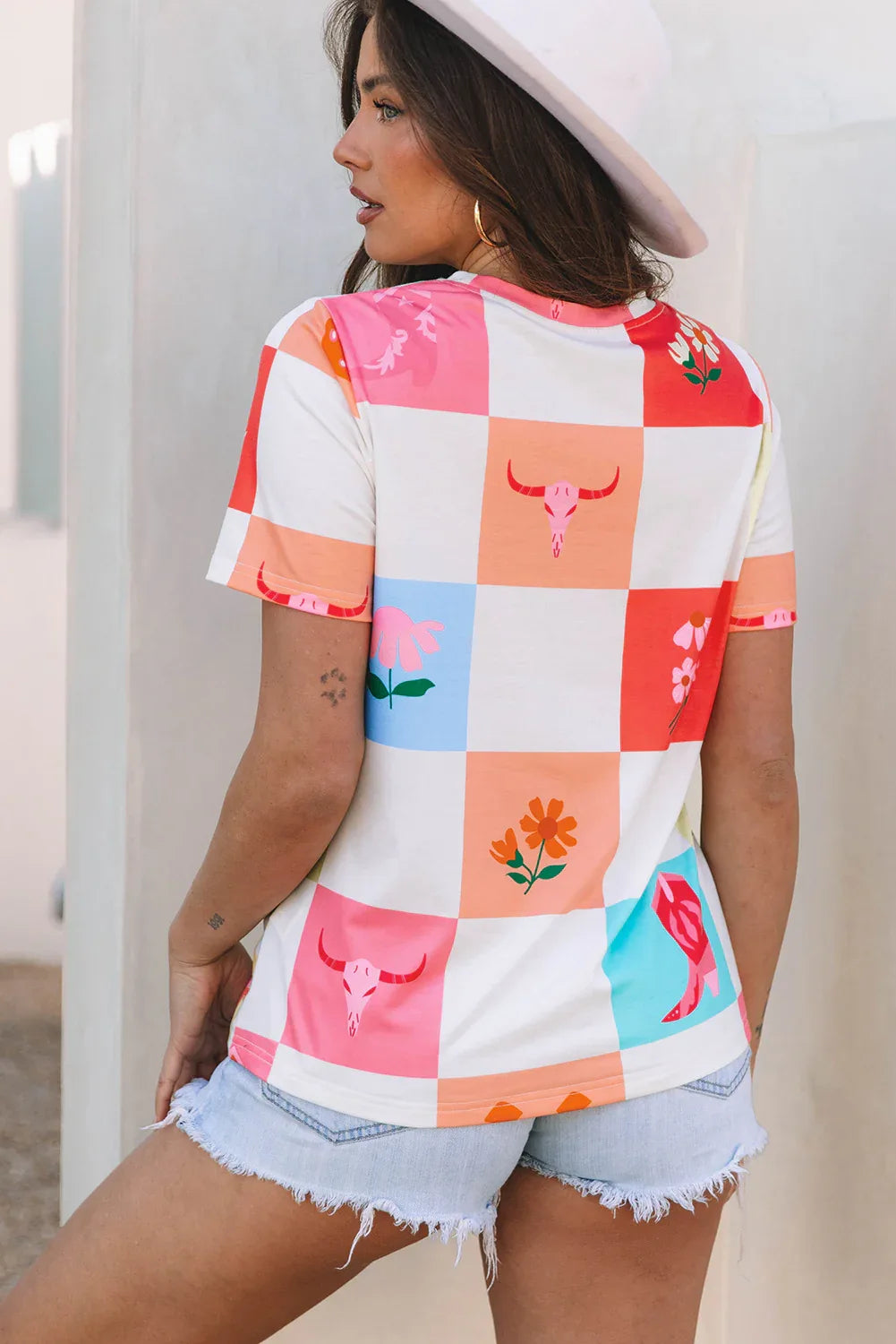 Sky Blue Western Fashion Checker Print Crewneck T Shirt - Windgat