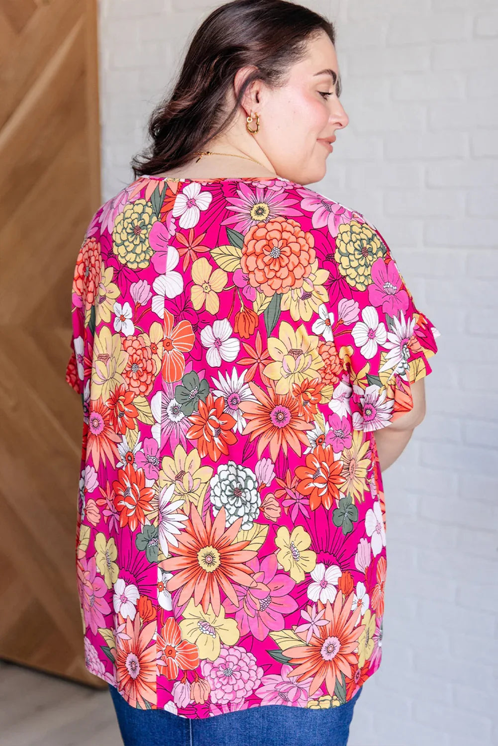 Rose Plus Size Floral Print Ruffle Short Sleeve Blouse - Windgat