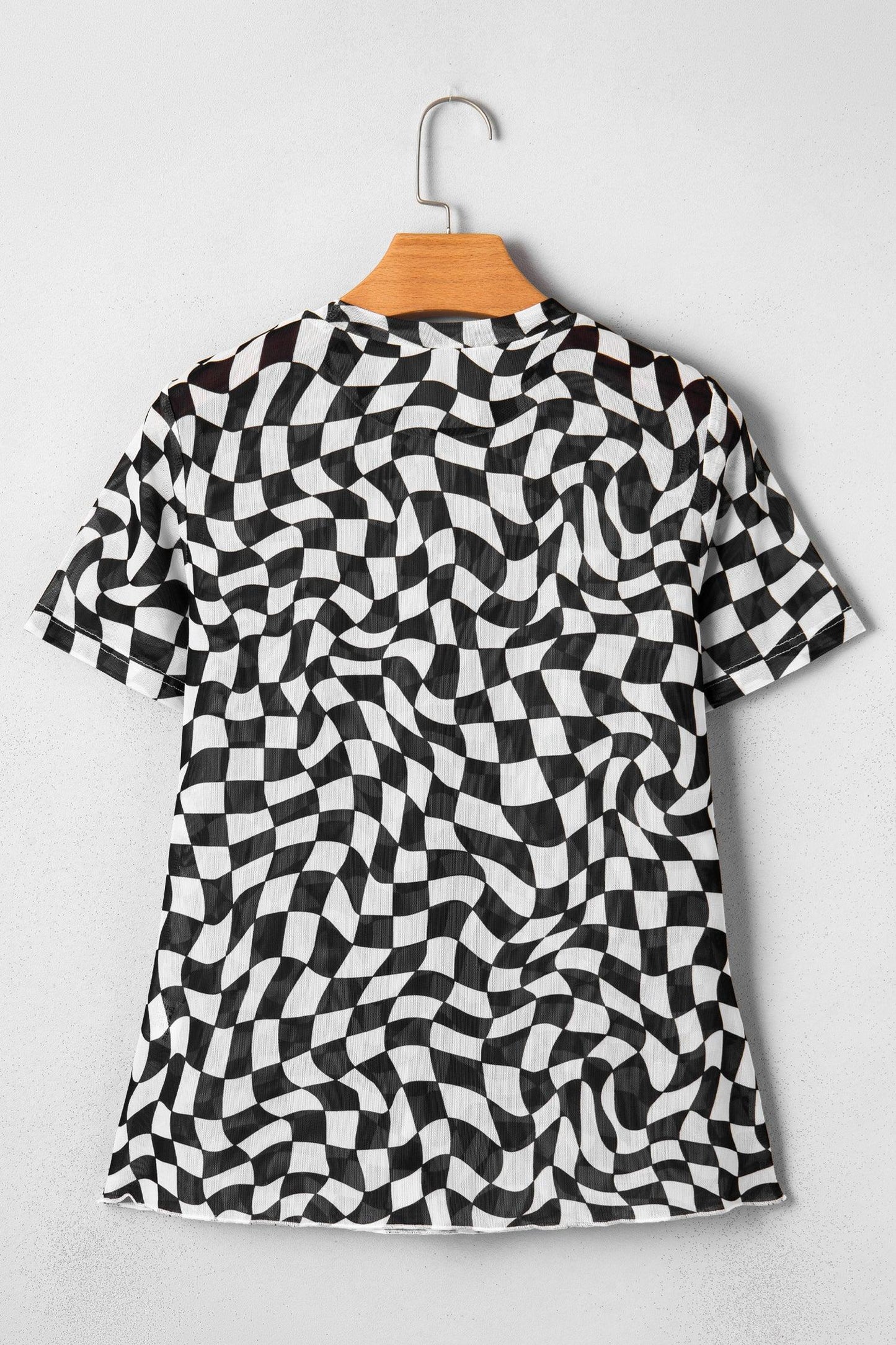 Black Checkered Print Mock Neck Mesh T Shirt - Windgat