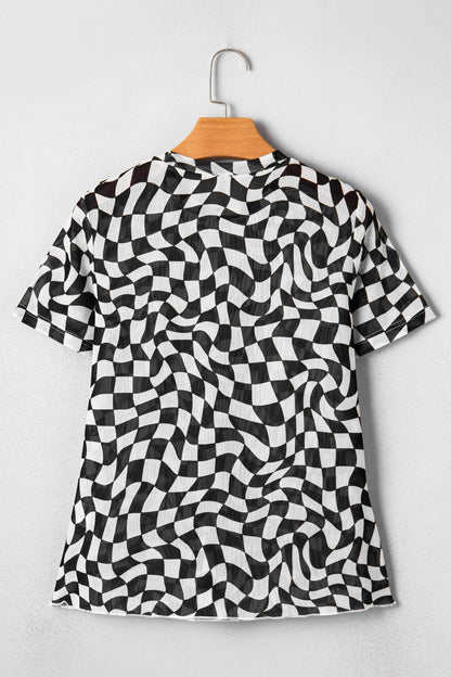 Black Checkered Print Mock Neck Mesh T Shirt - Windgat