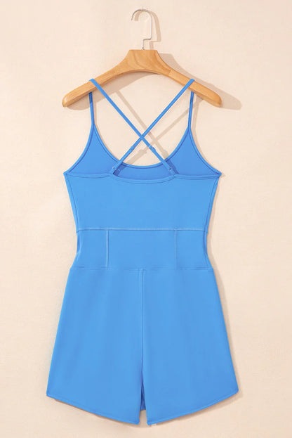 Blue Crossed Spaghetti Straps Drawstring Waist Sporty Romper - Windgat