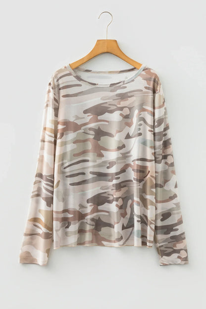 Green Plus Size Western Camo Print Mesh Long Sleeve Top - Windgat