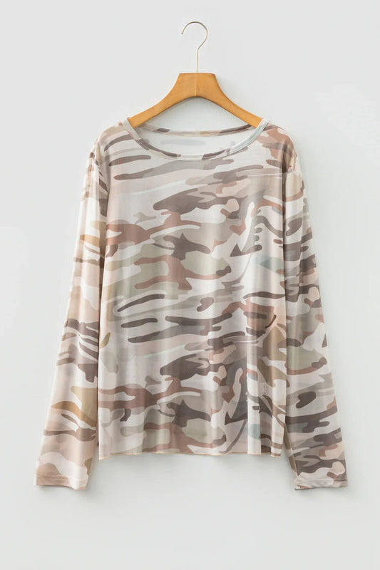 Green Plus Size Western Camo Print Mesh Long Sleeve Top - Windgat