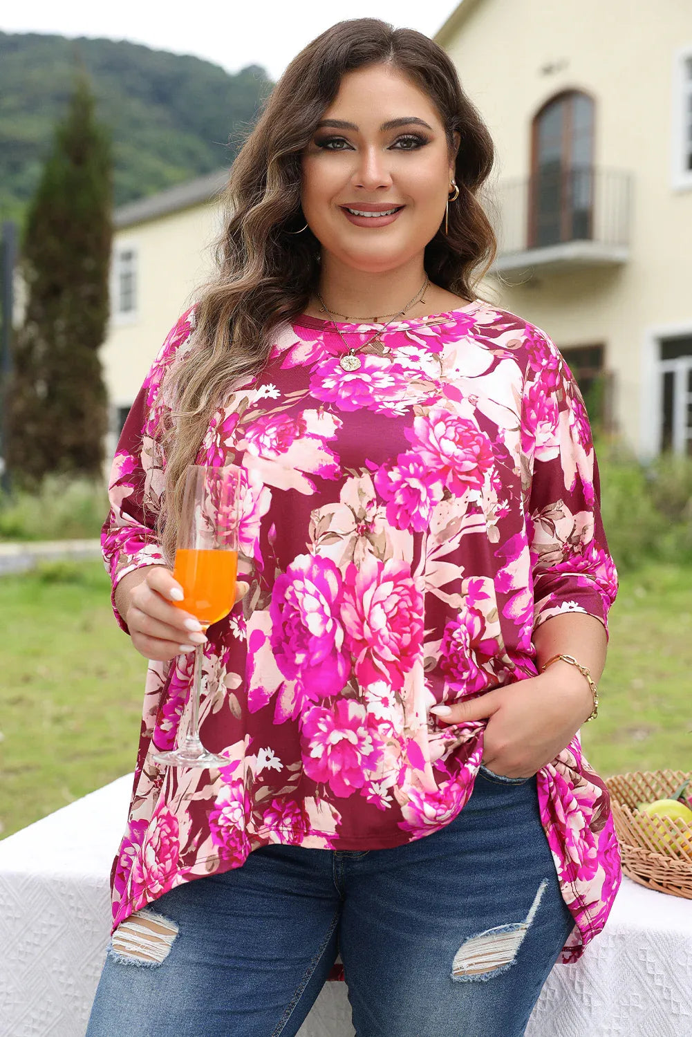 Red Floral Print Short Sleeve Plus Size Blouse - Windgat