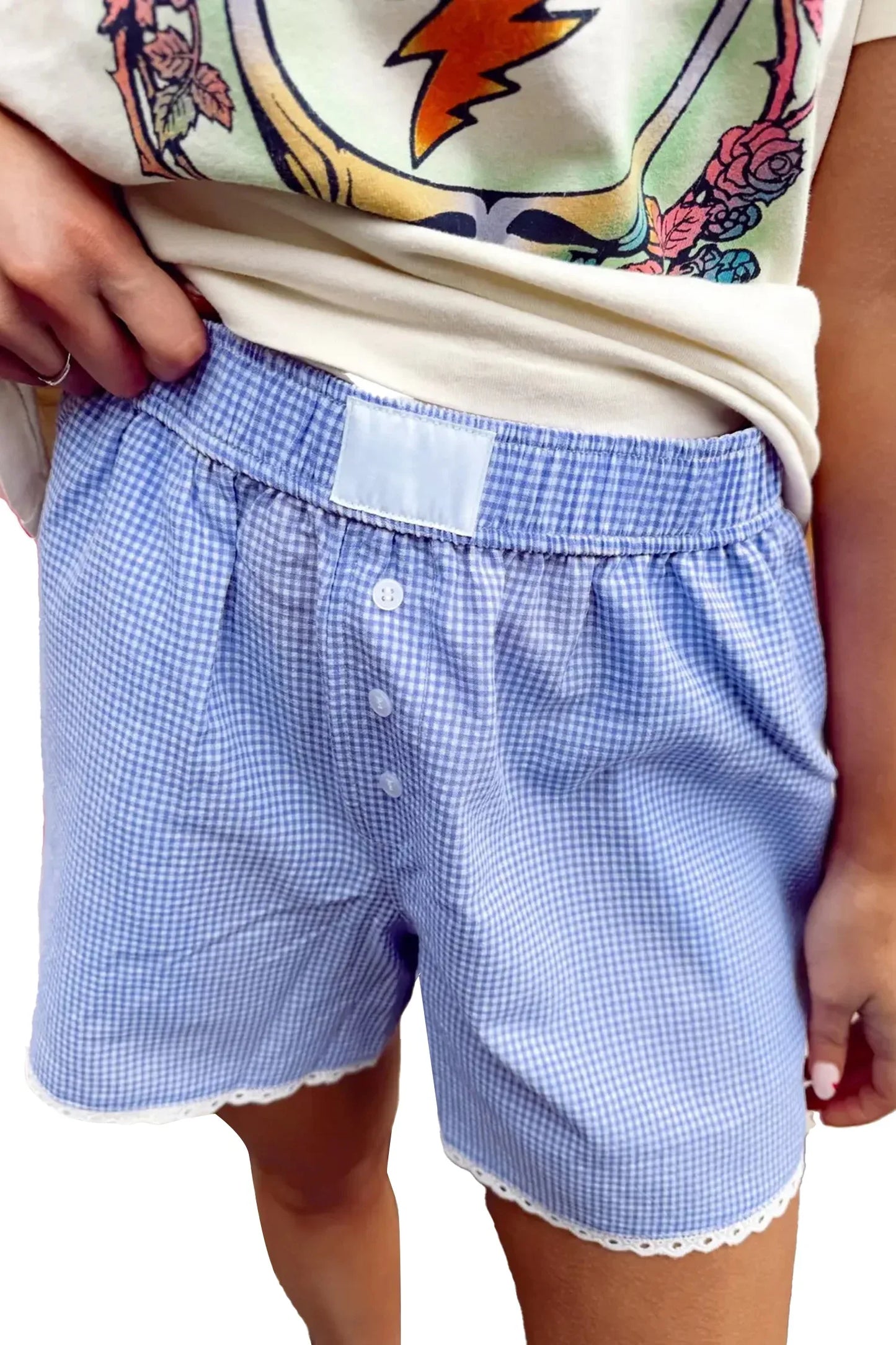 Sky Blue Gingham Plaid Button Detail Lace Trim Boxer Shorts - Windgat