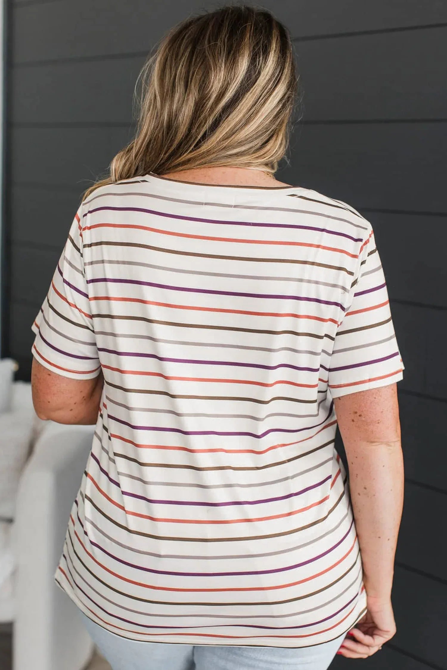 White Stripe V Neck Casual Plus Size Tee - Windgat
