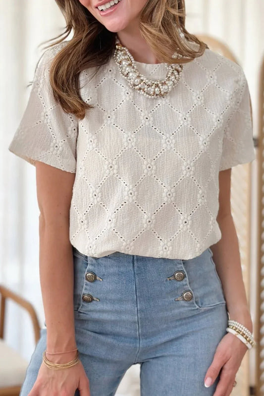 White Geometric Embroidered Slim Fit O Neck T Shirt - Windgat