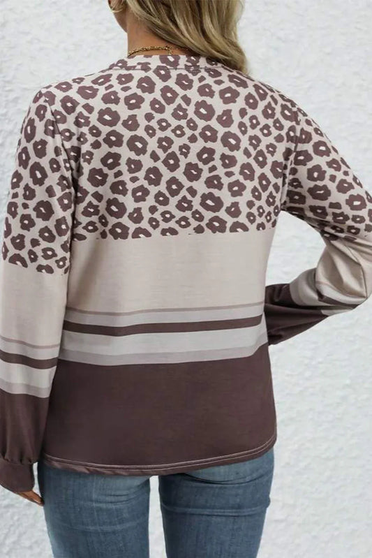 Coffee Plus Size Leopard Striped Long Sleeve Crew Neck Top - Windgat