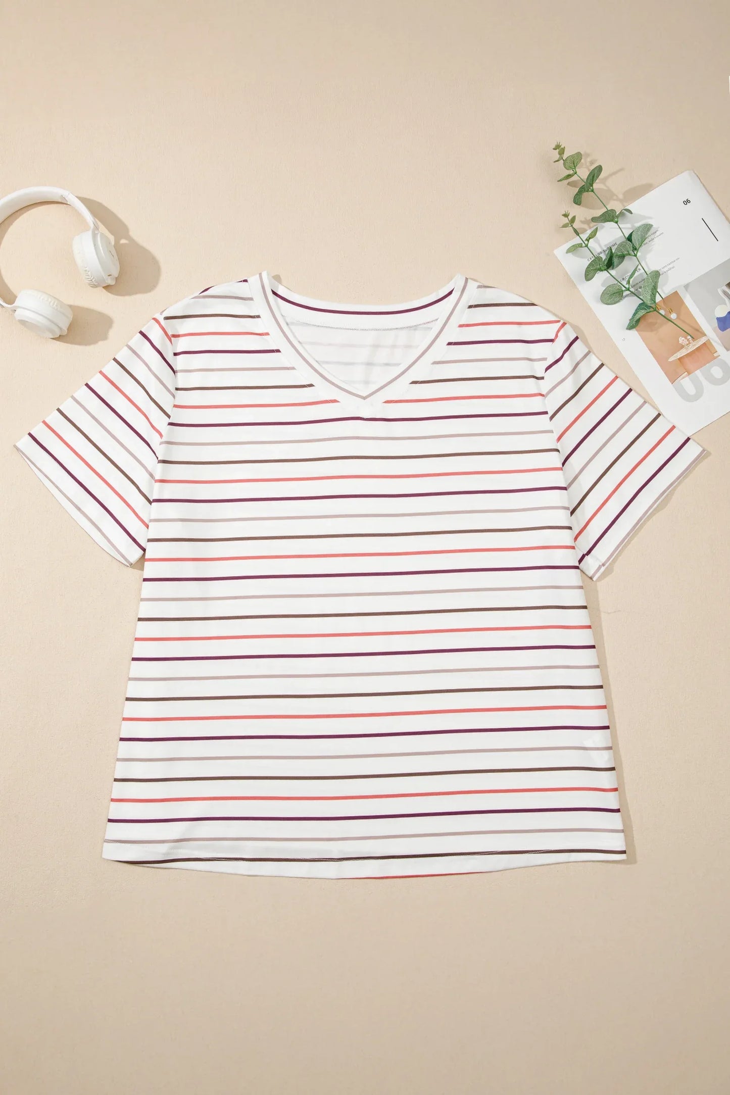 White Stripe V Neck Casual Plus Size Tee - Windgat