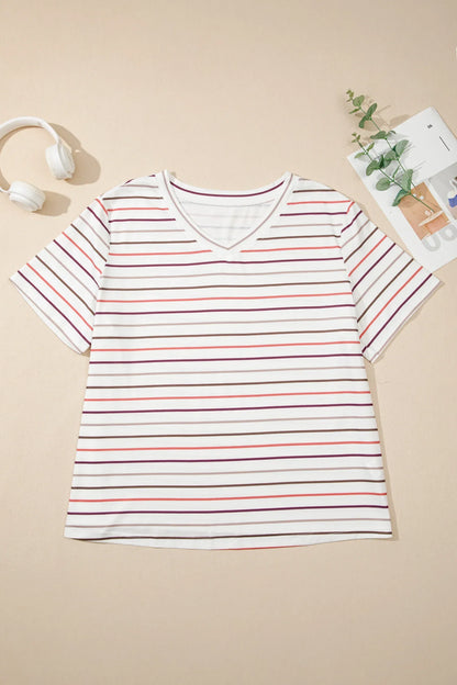 White Stripe V Neck Casual Plus Size Tee - Windgat