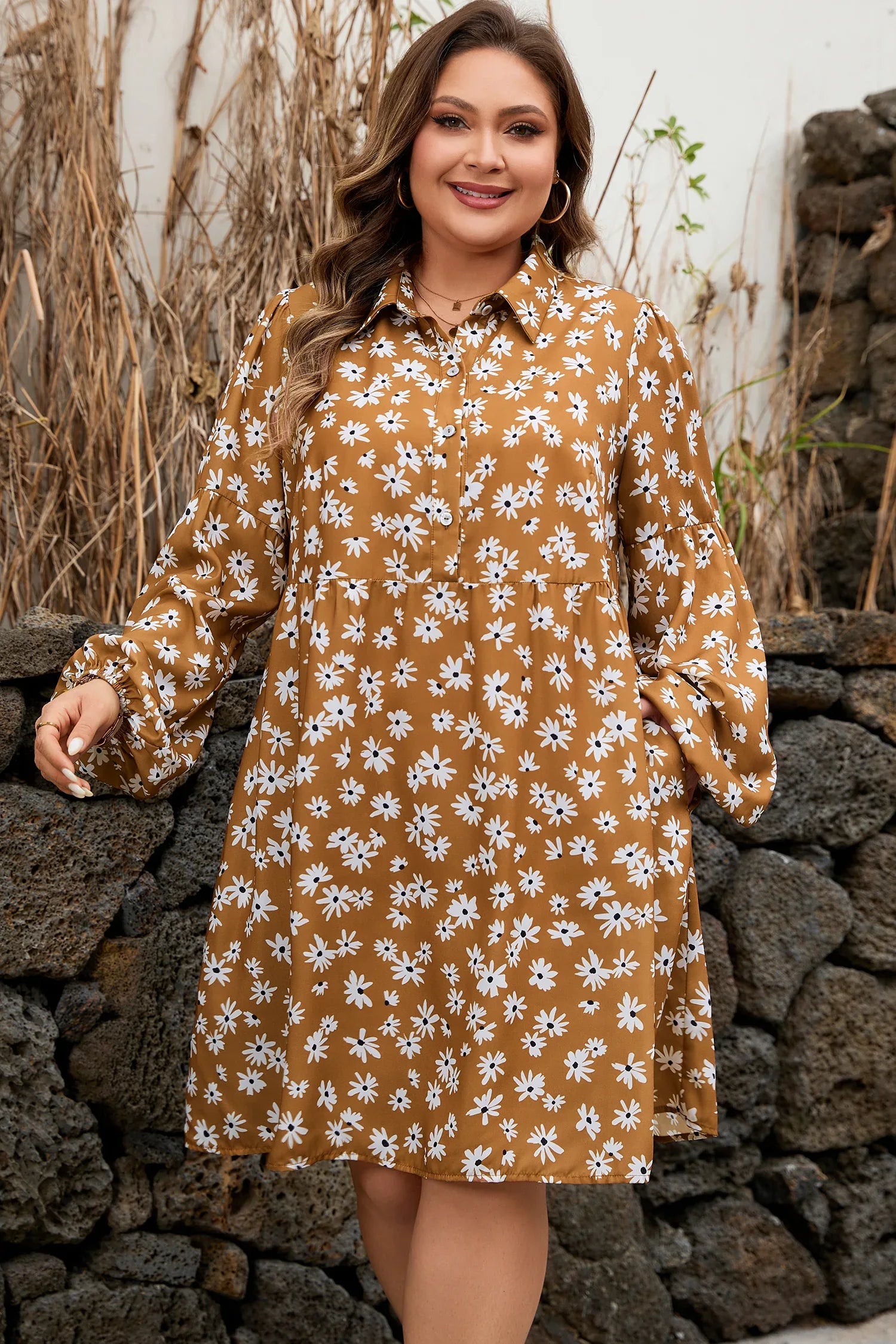 Khaki Plus Size Daisy Floral Print Button Split Neck Puff Sleeve Dress - Windgat