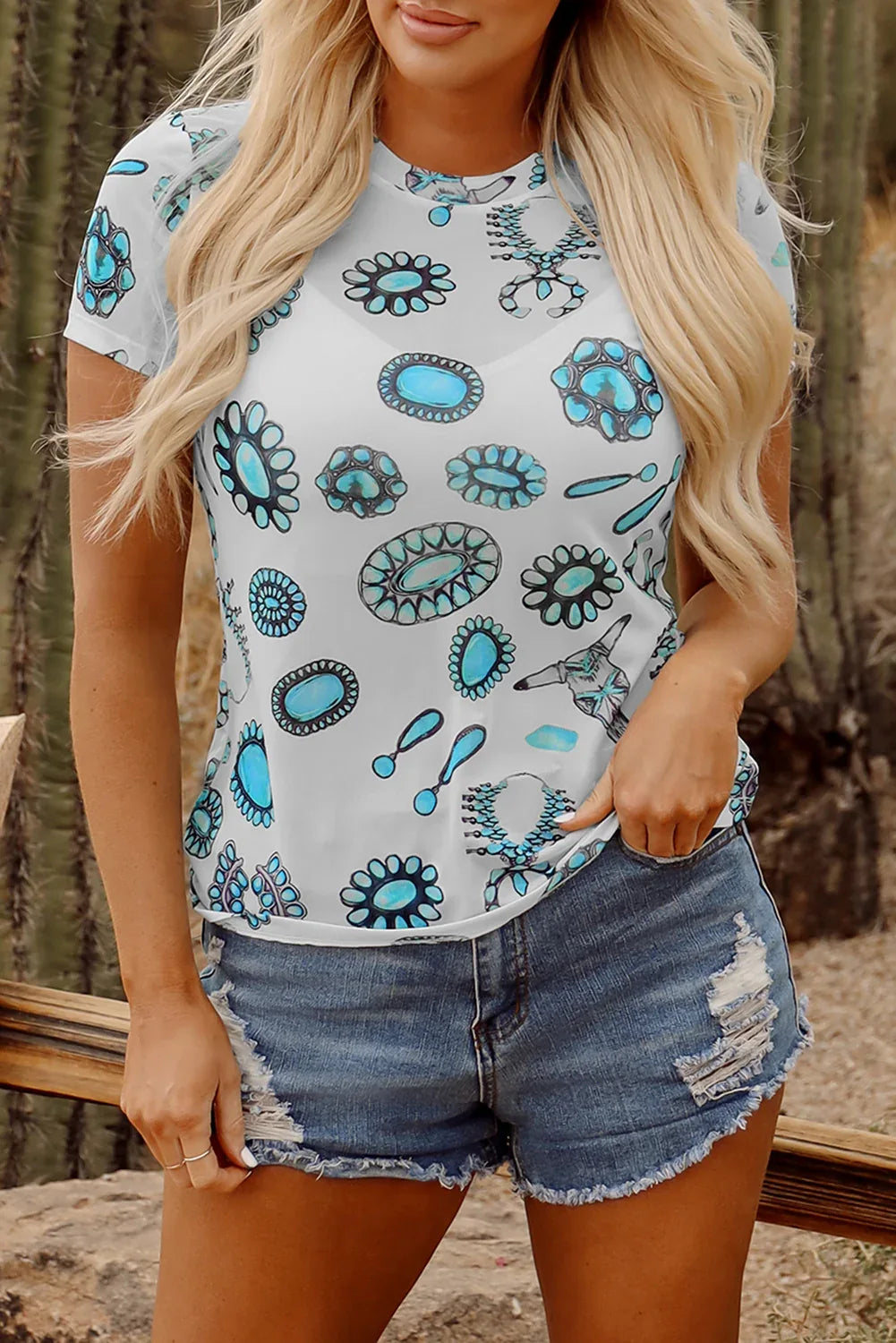 Sky Blue Western Turquoise Printed Crewneck Slim Fit Tee - Windgat