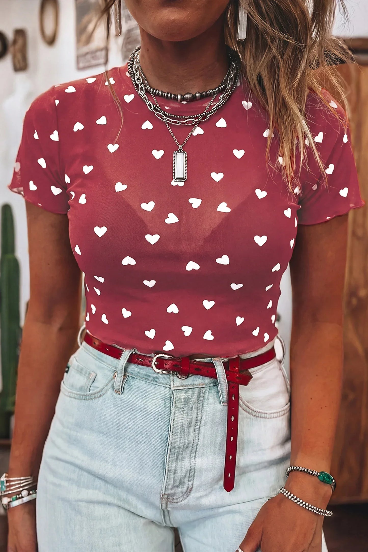 Racing Red Allover Heart Print Mesh Short Sleeve Top - Windgat