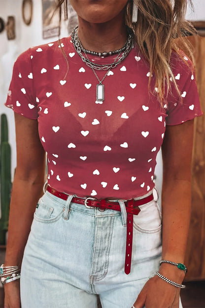 Racing Red Allover Heart Print Mesh Short Sleeve Top - Windgat