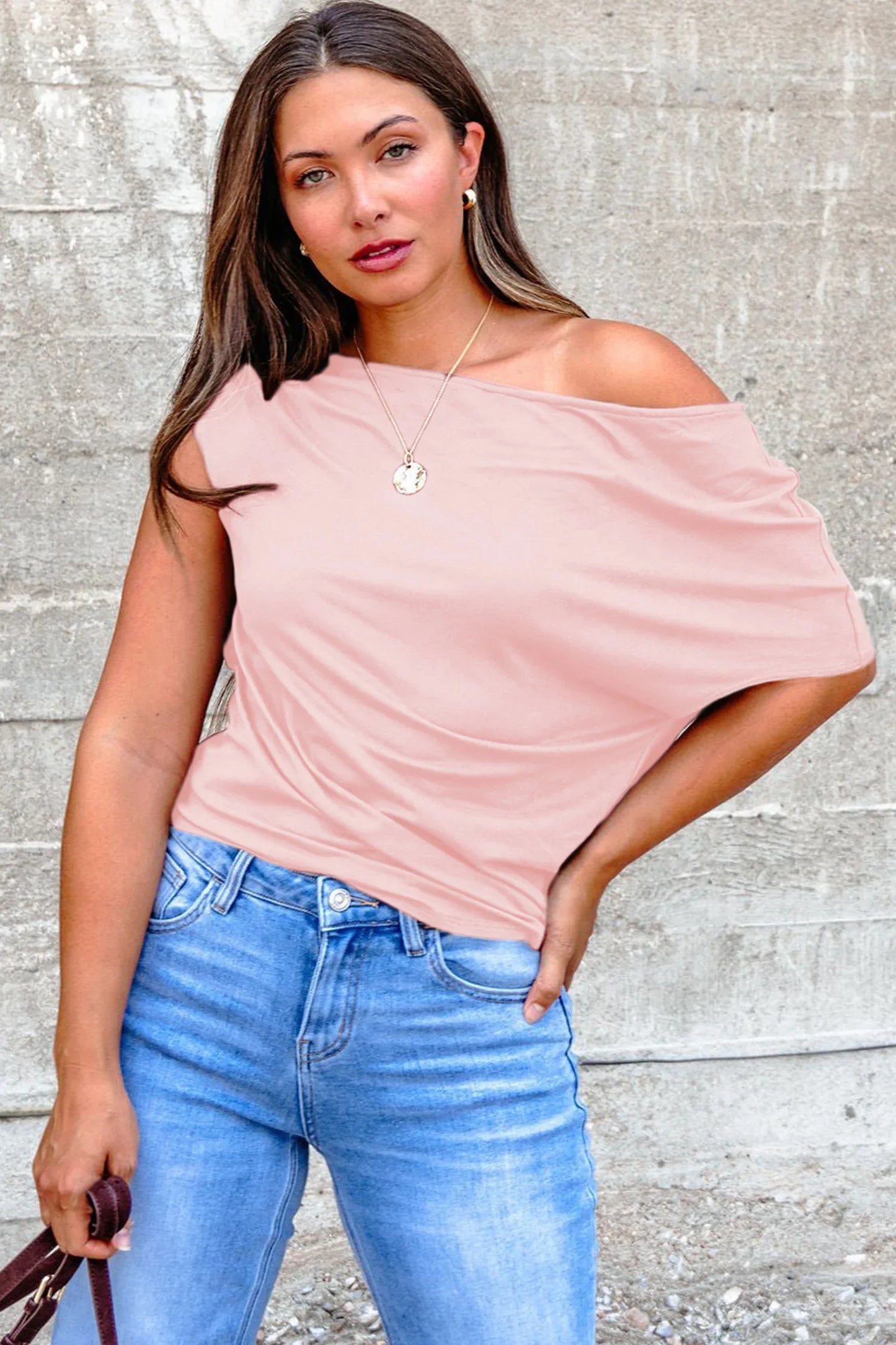 Gossamer Pink Plus Size Solid Color Asymmetric Neck Short Sleeve Blouse - Windgat