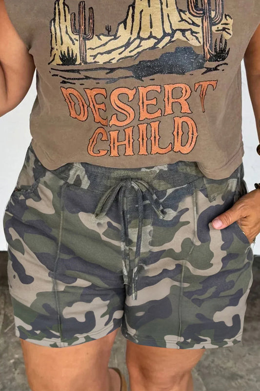 Green Tie Elastic Waist Pocketed Plus Size Camo Shorts - Windgat