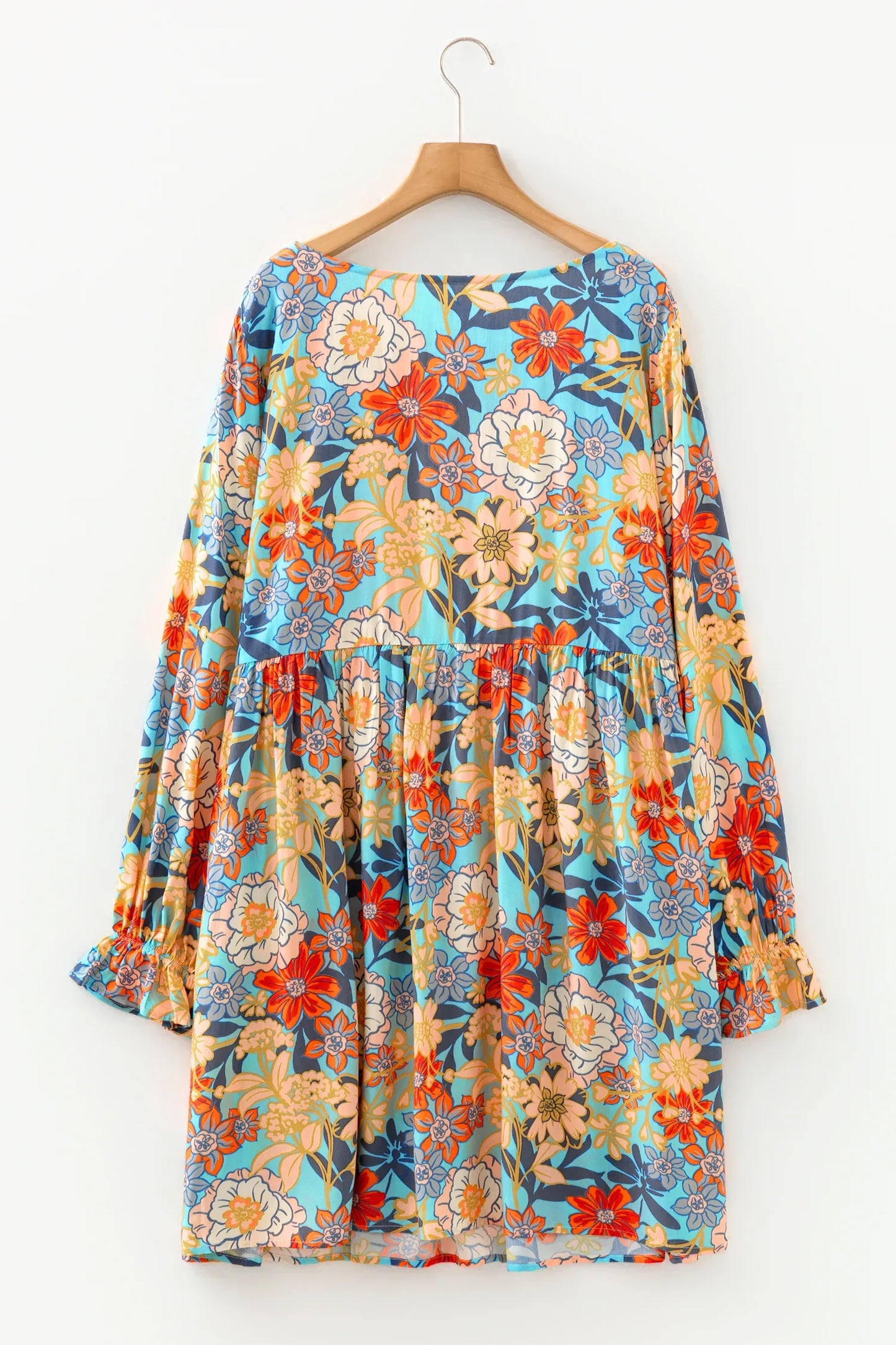 Blue Plus Size Floral Ruffled Long Sleeve Flowy Mini Dress - Windgat