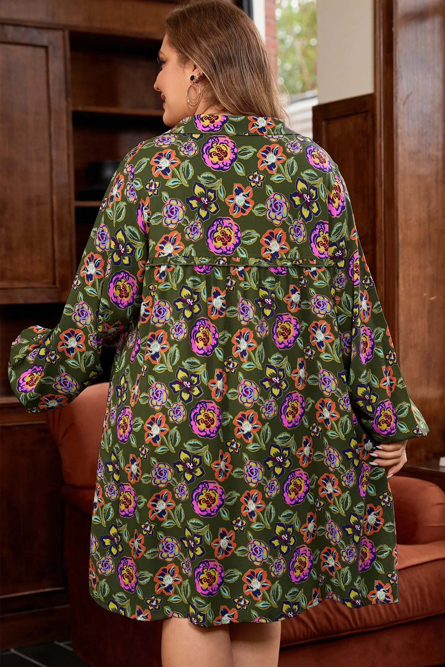 Green Plus Size Floral Print Collared V Neck Loose Mini Dress - Windgat