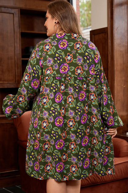 Green Plus Size Floral Print Collared V Neck Loose Mini Dress - Windgat
