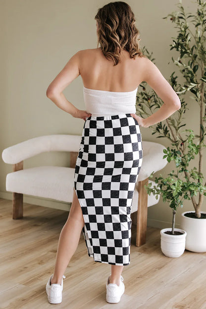 Rose Checkered Print Side Slit High Waist Midi Skirt - Windgat