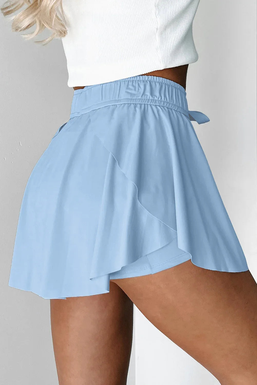 Sky Blue Drawstring Elastic Waistband Lined Tennis Skorts - Windgat