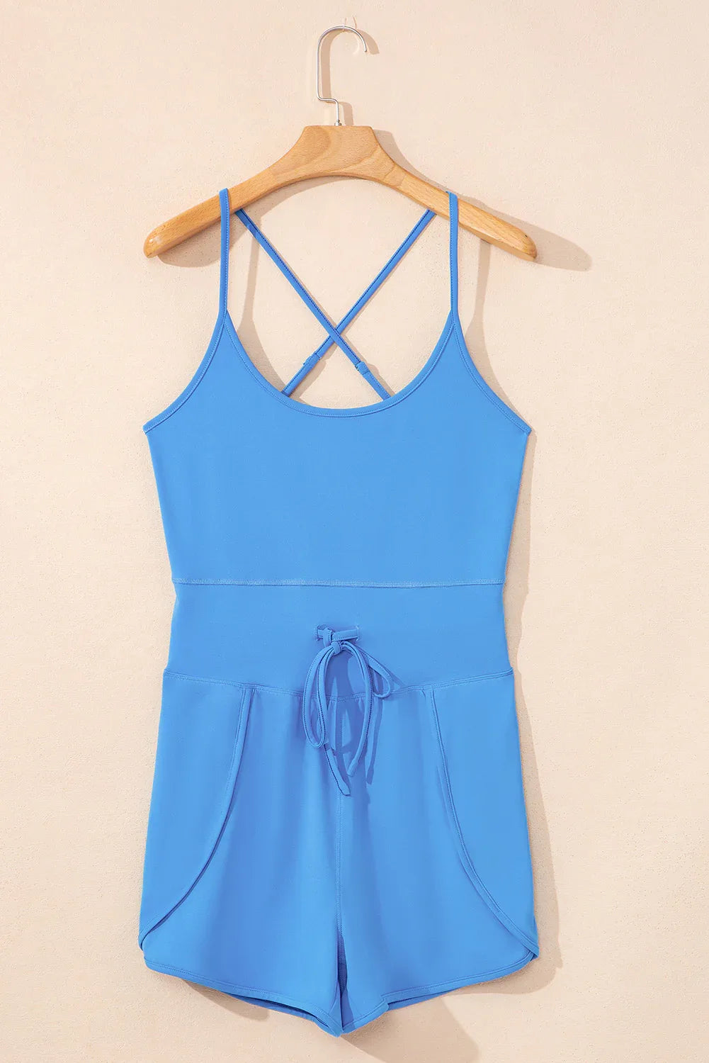 Blue Crossed Spaghetti Straps Drawstring Waist Sporty Romper - Windgat