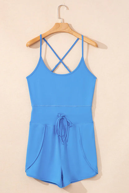 Blue Crossed Spaghetti Straps Drawstring Waist Sporty Romper - Windgat
