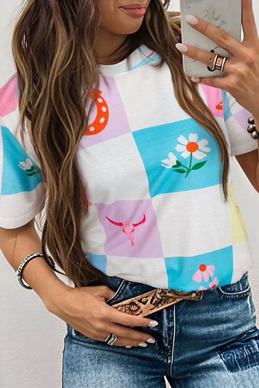 Sky Blue Western Fashion Checker Print Crewneck T Shirt - Windgat