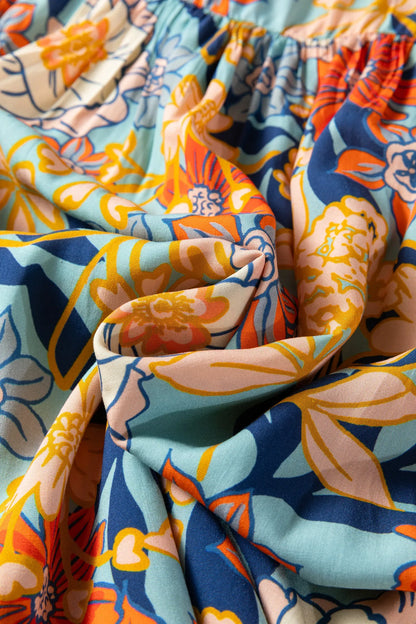 Blue Plus Size Floral Ruffled Long Sleeve Flowy Mini Dress - Windgat