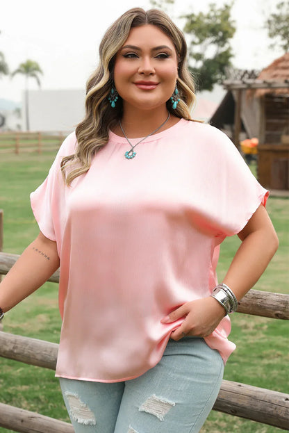 Pink Metallic Gloss Short Batwing Sleeve Plus Size Top - Windgat