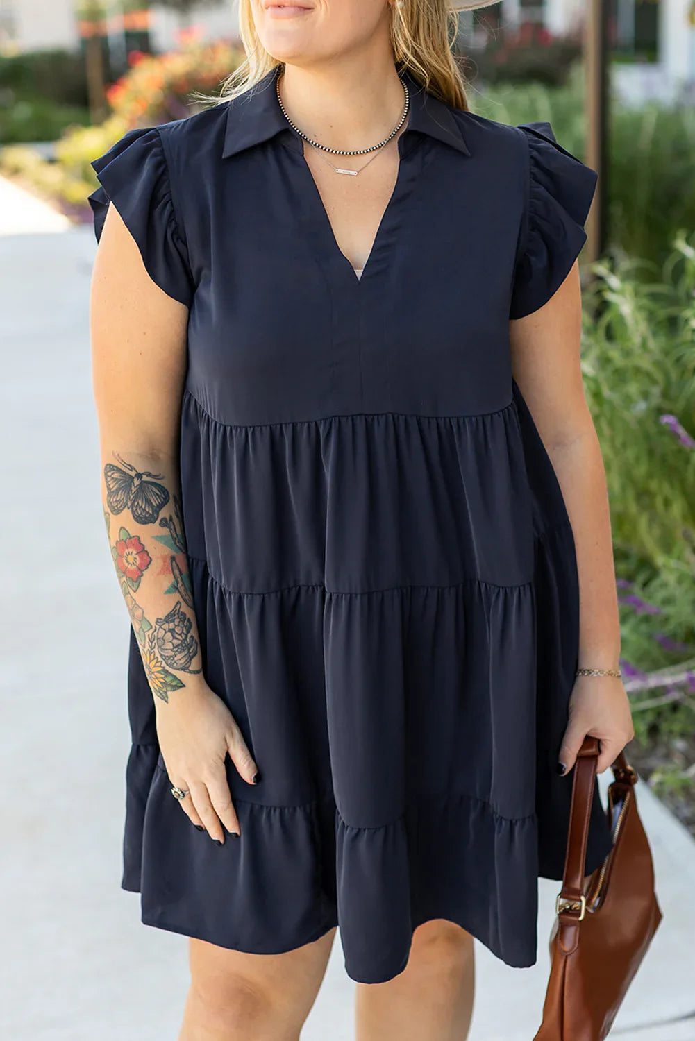 Navy Blue Collared V Neck Flutter Sleeve Tiered Plus Size Dress - Windgat