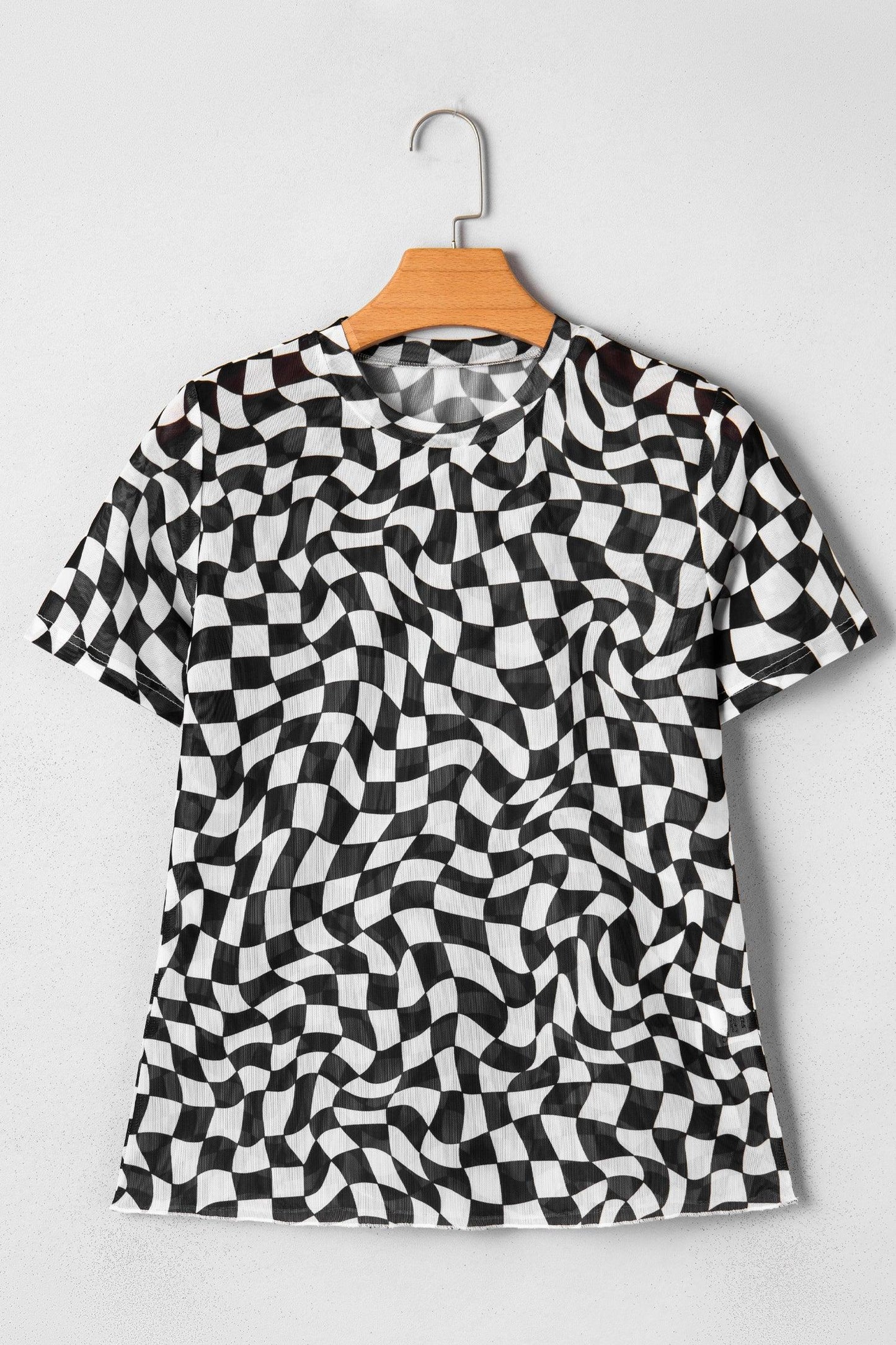 Black Checkered Print Mock Neck Mesh T Shirt - Windgat