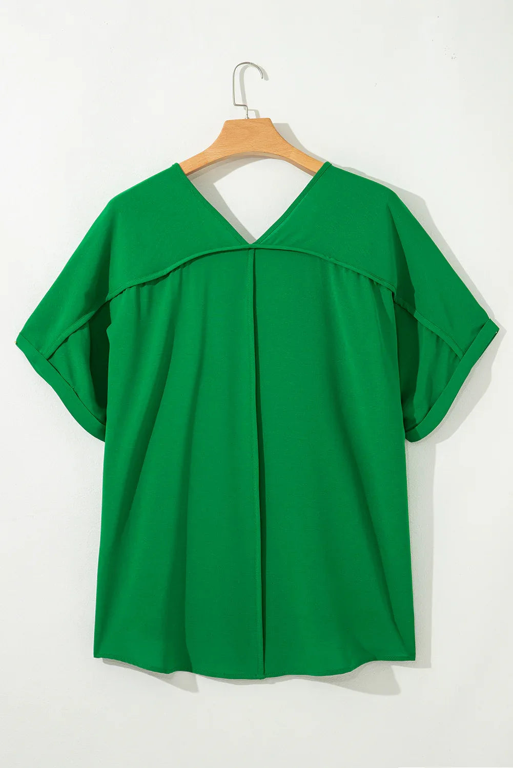 Green Seamed Back High Low Hem V Neck Cuffed Sleeve Plus Size Tee - Windgat