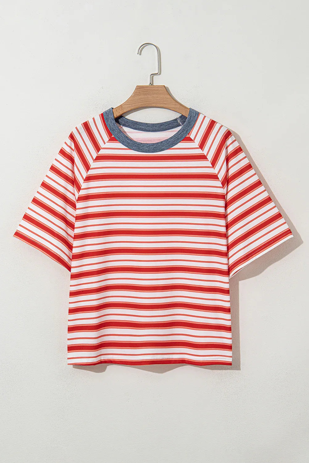 Tomato Red Stripe Print Contrast Collar Raglan Sleeve T Shirt - Windgat