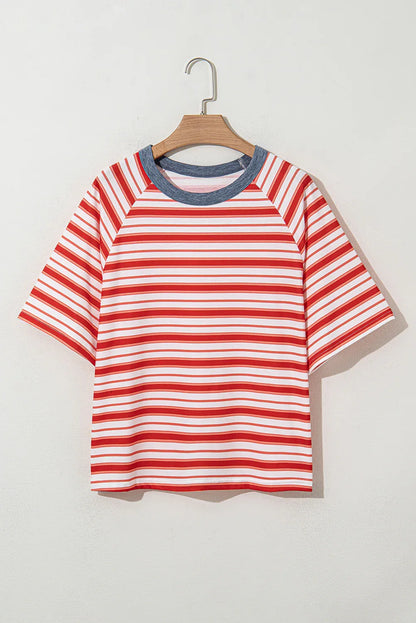 Tomato Red Stripe Print Contrast Collar Raglan Sleeve T Shirt - Windgat