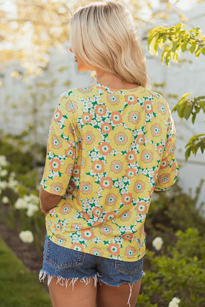 Yellow Summer Flower Printed Drop Shoulder Loose T Shirt - Windgat