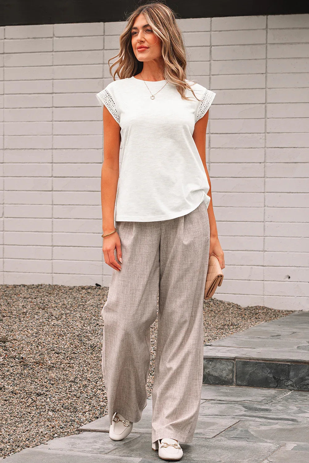 Yellow Cream Lace Patchwork Cap Sleeve Round Neck T Shirt - Windgat