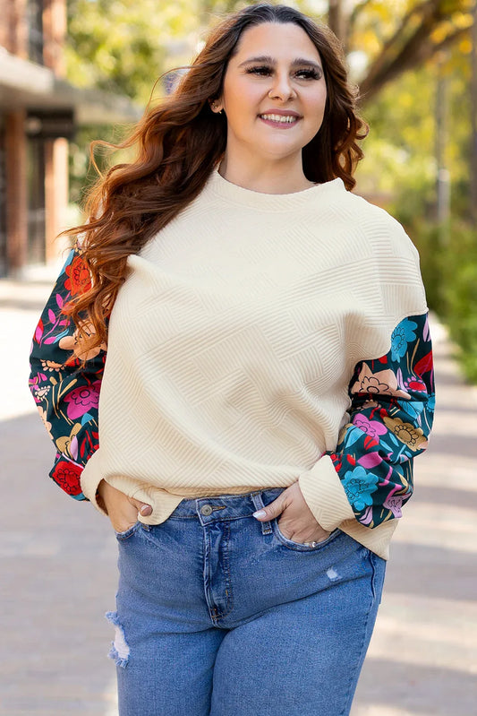 White Floral Patchwork Sleeve Textured Plus Size Pullover Top - Windgat