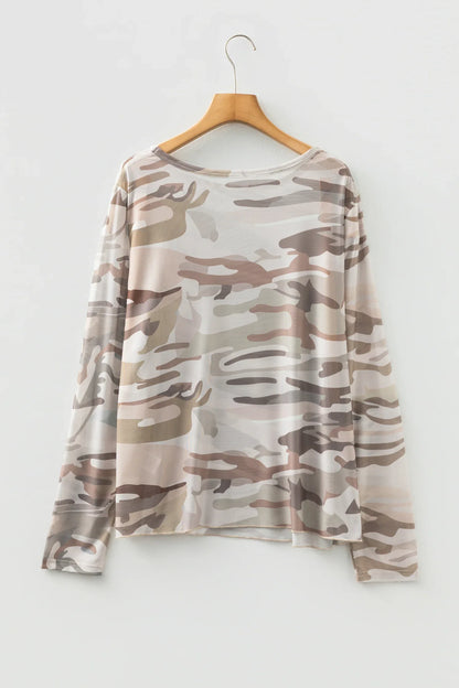 Green Plus Size Western Camo Print Mesh Long Sleeve Top - Windgat