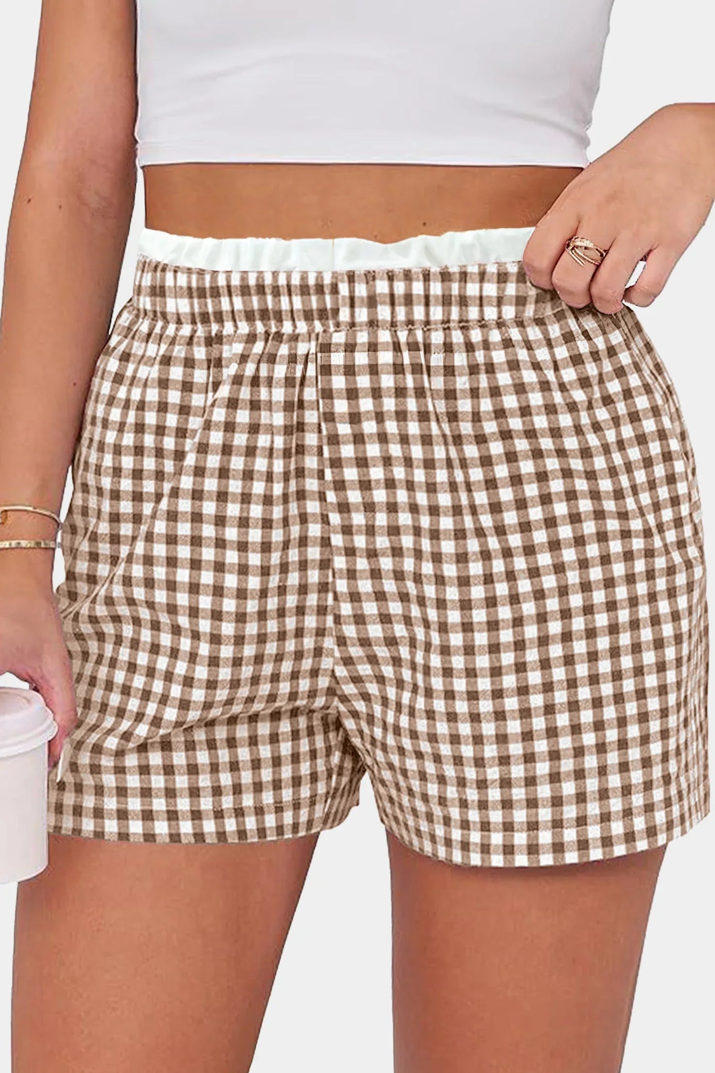 Red Contrast Trim Plaid Print Plus Size Shorts - Windgat