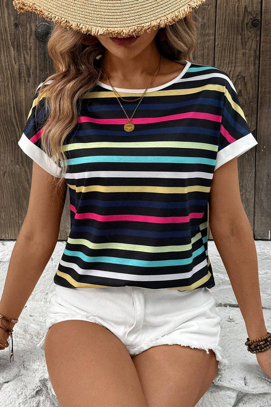 Black Stripe Multicolor Contrast Edge Crew Neck T Shirt - Windgat