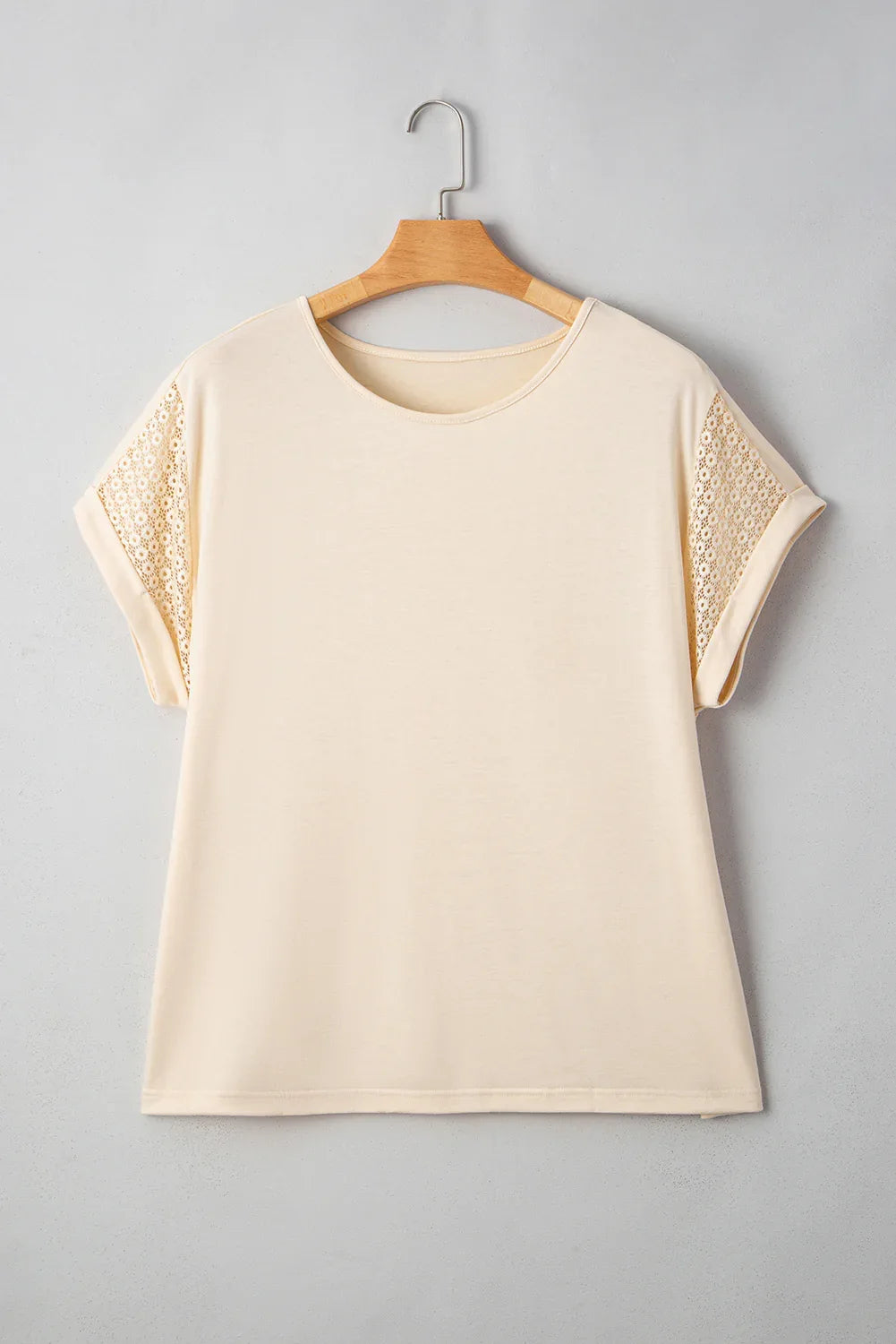 Parchment Lace Patchwork Short Sleeve Round Neck Plus Size Summer Top - Windgat