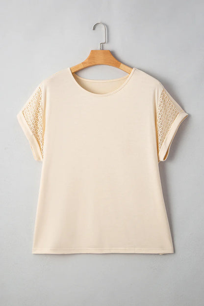 Parchment Lace Patchwork Short Sleeve Round Neck Plus Size Summer Top - Windgat